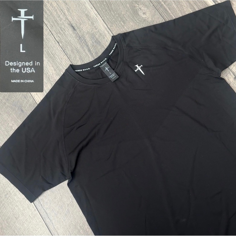 Three Nails Mens Black Short Sleeve Performance Activewear Tee Shirt Size Large
